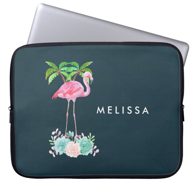 Roze palmbomen met flamingpalmen en bloemkolen laptop sleeve (Voorkant)