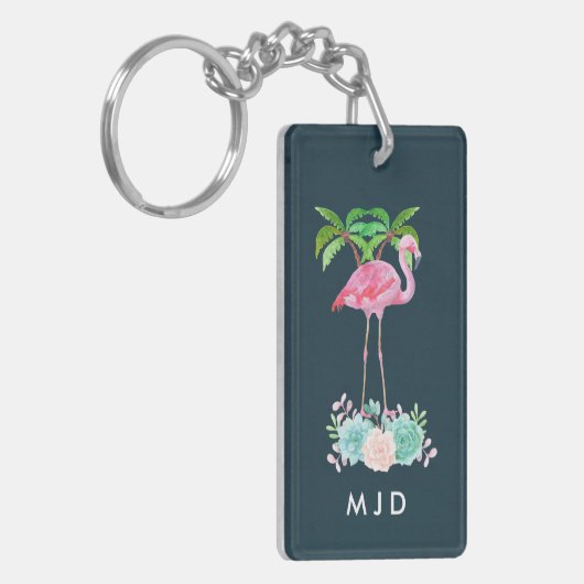 Roze palmbomen met flamingpalmen en bloemkolen sleutelhanger (Voorkant Links)