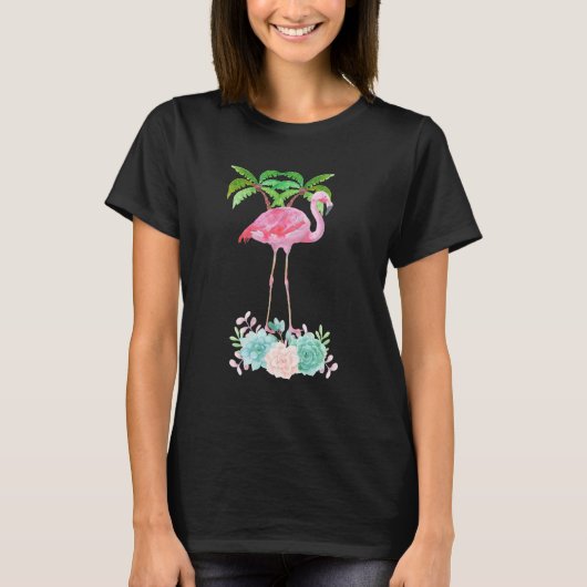 Roze palmbomen met flamingpalmen en bloemkolen t-shirt (Voorkant)