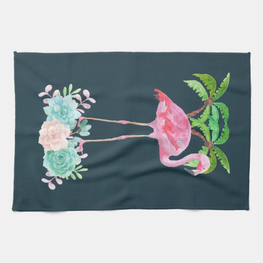 Roze palmbomen met flamingpalmen en bloemkolen theedoek (Horizontaal)