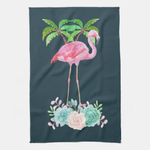 Roze palmbomen met flamingpalmen en bloemkolen theedoek
