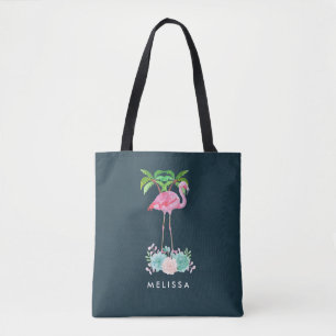 Roze palmbomen met flamingpalmen en bloemkolen tote bag