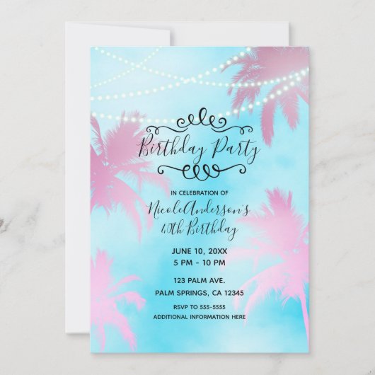Roze Palmboom Blauwe Lucht & Lichtjes Verjaardagsf Kaart (Voorkant)