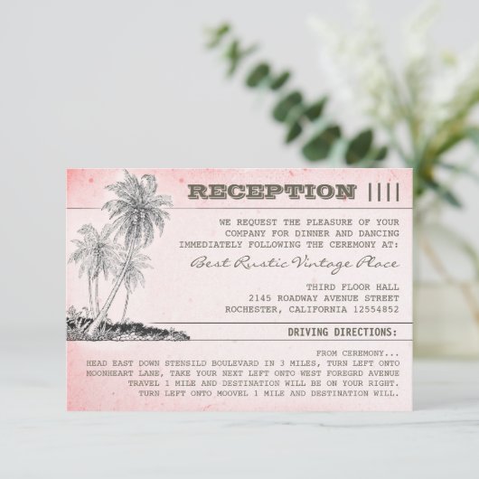 roze palmboom tropisch strand bruiloft receptie kaart (Staand voorkant)