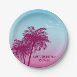 Roze Palmboom Tropische Avond Gelukkige Verjaardag Papieren Bordje