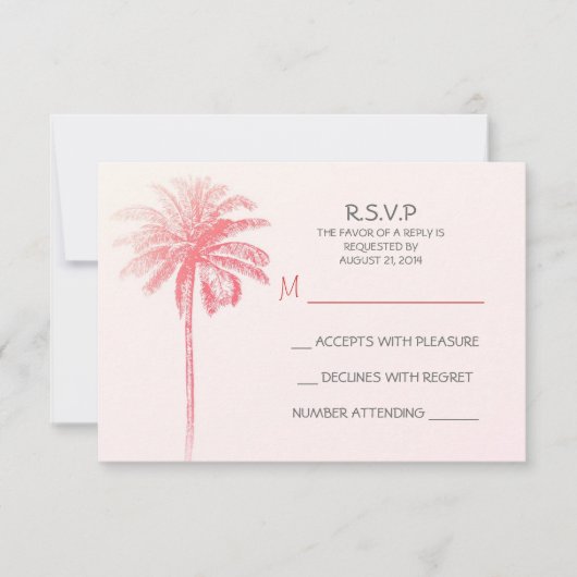 roze palmboom wit strand bruiloft RSVP kaarten Kaartje (Voorkant)