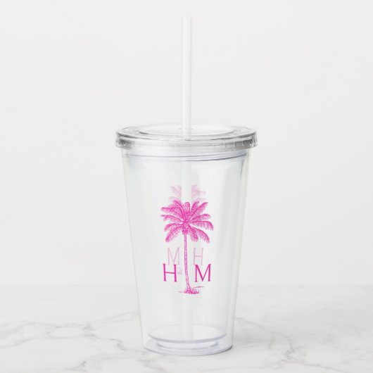 Roze Palmetto Palmboom Monogram Acryl Drinkbeker (Voorkant)