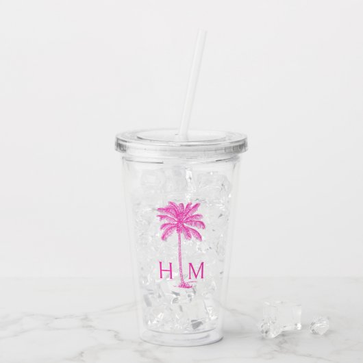 Roze Palmetto Palmboom Monogram Acryl Drinkbeker (Achterkant ijs)