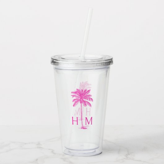 Roze Palmetto Palmboom Monogram Acryl Drinkbeker (Achterkant)