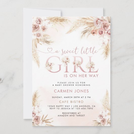 Roze Pampagras Boho Meisje Baby Shower Uitnodiging (Voorkant)