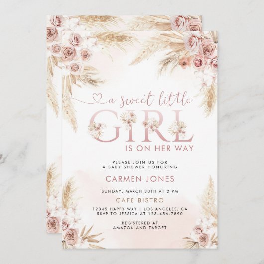 Roze Pampagras Boho Meisje Baby Shower Uitnodiging (Voorkant / Achterkant)