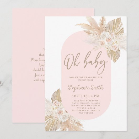 Roze Pampas Baby shower Girl Uitnodiging (Voorkant / Achterkant)