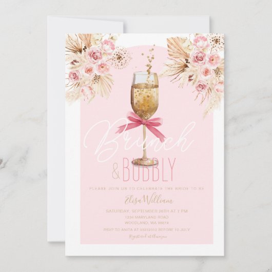 Roze Pampas Brunch & Bubbly Vrijgezellenfeest Kaart (Voorkant)