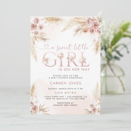 Roze Pampas Gras Boho Meisje Baby Shower Uitnodigi Kaart (Staand voorkant)