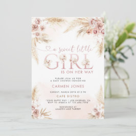 Roze Pampas Gras Boho Meisje Baby Shower Uitnodigi Kaart