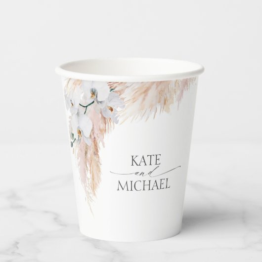 Roze Pampas Gras Witte Orchideeën Tropisch Exotisc Papieren Bekers (Voorkant)