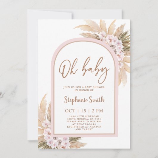 Roze Pampas Grass Baby shower Girl Invitation Kaart (Voorkant)