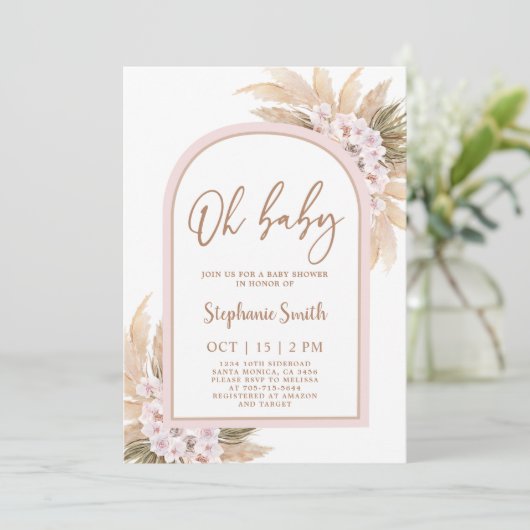 Roze Pampas Grass Baby shower Girl Invitation Kaart (Staand voorkant)