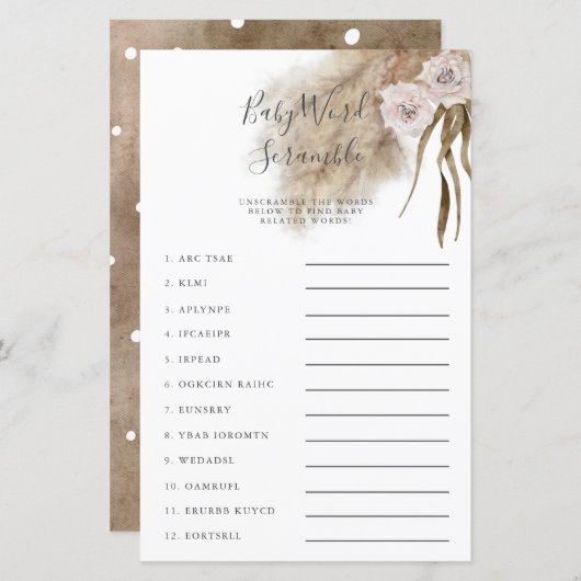 Roze Pampas Grass Baby Word Scramble Game (Voorkant / Achterkant)