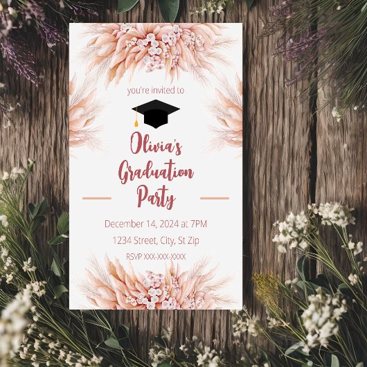 Roze Pampas Grass Boho Afstuderen Uitnodiging