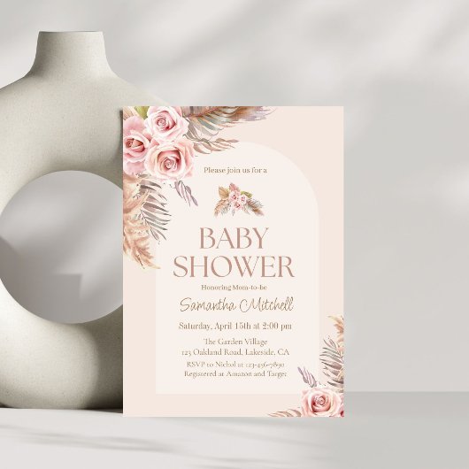 Roze Pampas Grass Boho Baby Meisje Douche Uitnodig Kaart