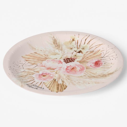 Roze Pampas Grass Boho Bloemen Baby Meisje Douche Papieren Bordje (Gekanteld)