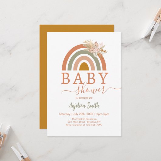 Roze Pampas Grass Boho Rainbow Baby shower Kaart (Voorkant / Achterkant in situ)