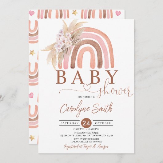 Roze Pampas Grass Boho Rainbow Baby shower Kaart (Voorkant / Achterkant)