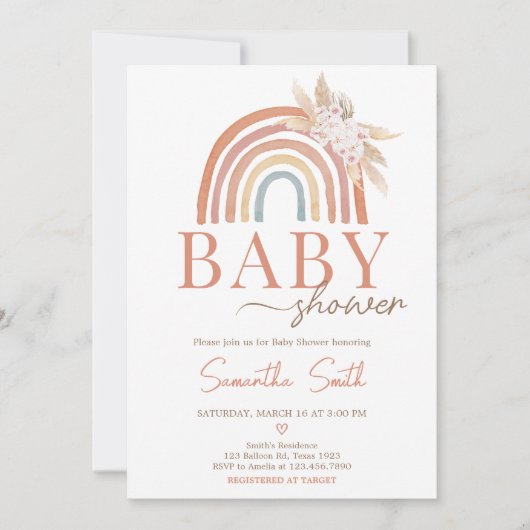 Roze Pampas Grass Boho Rainbow Baby shower Kaart (Voorkant)