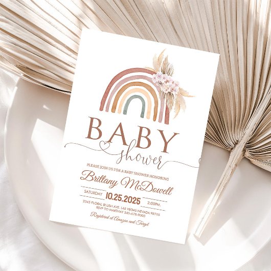 Roze Pampas Grass Boho Rainbow Baby shower Kaart
