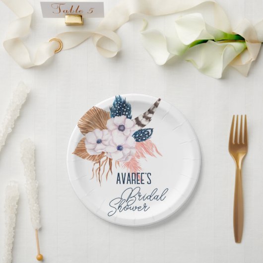 Roze Pampas Grass en Veer Vrijgezellenfeest Papieren Bordje (Huwelijk)