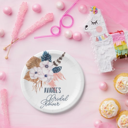 Roze Pampas Grass en Veer Vrijgezellenfeest Papieren Bordje (Feest)