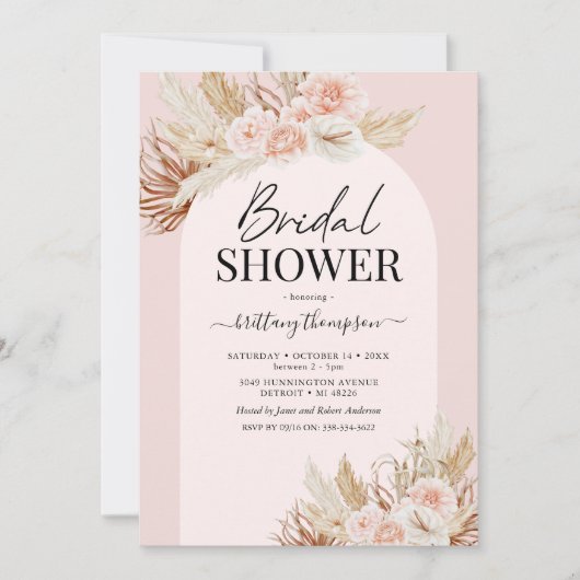 Roze Pampas Grass Floral Bridal Showuitnodiging Kaart (Voorkant)