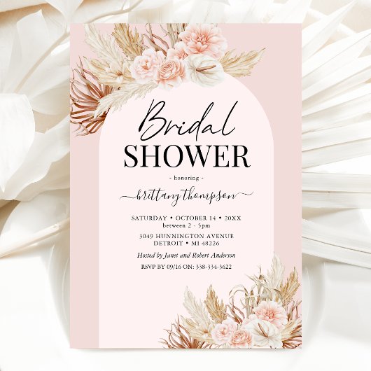 Roze Pampas Grass Floral Bridal Showuitnodiging Kaart
