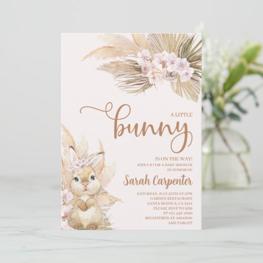 Roze Pampas Grass Girl Bunny Baby shower Kaart (Staand voorkant)