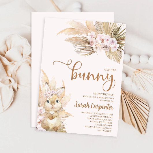 Roze Pampas Grass Girl Bunny Baby shower Kaart
