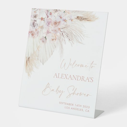 Roze Pampas Grass Meisje Baby shower Welkomstbord Reclamebord Met Voetstuk (Voorkant)