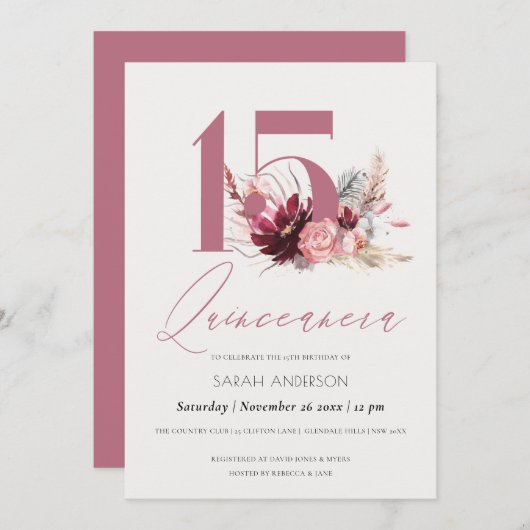Roze Pampas Grass Quinceanera 15th Birthday Invite Bedankkaart (Voorkant / Achterkant)