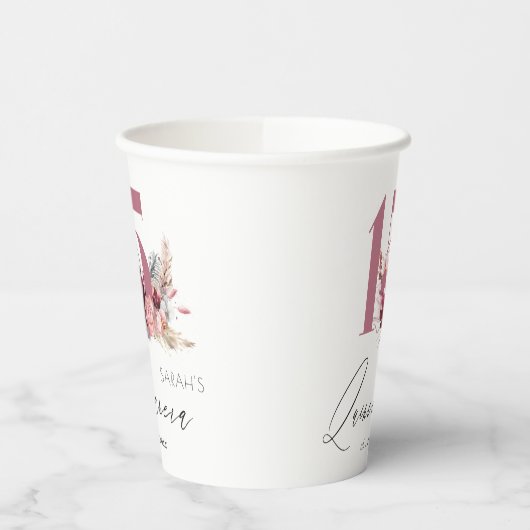 Roze Pampas Grass Quinceanera 15th Birthday Invite Papieren Bekers (Links)