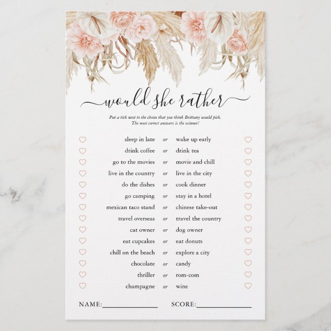 Roze Pampas Grass Vrijgezellenfeest Game (Voorkant)