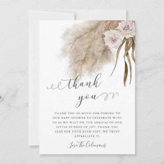 Roze Pampas Grass Waterverf Baby shower Bedankkaart (Voorkant)