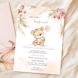 Roze Pampas Teddybeer Baby Shower Kaart