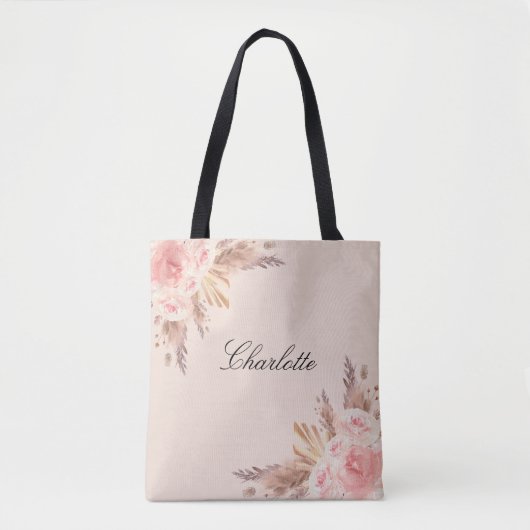 Roze pampasgras roze gouden bloemen naam tote bag (Voorkant)