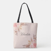 Roze pampasgras roze gouden bloemen naam tote bag (Achterkant)