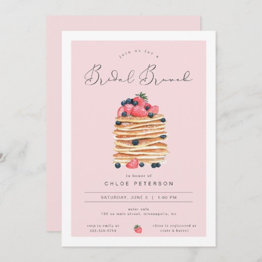 Roze pancakes Bridal Brunch Shower Invitation Kaart (Voorkant / Achterkant)