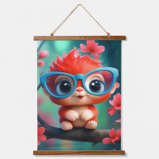 Roze panda Cartoon op de tak Hangend Wandkleed (Voorkant)