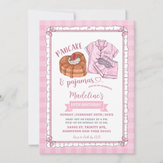 Roze pannenkoek en pyjama verjaardag kaart (Voorkant)