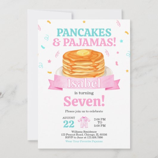 Roze pannenkoeken en pyjama verjaardag kaart (Voorkant)