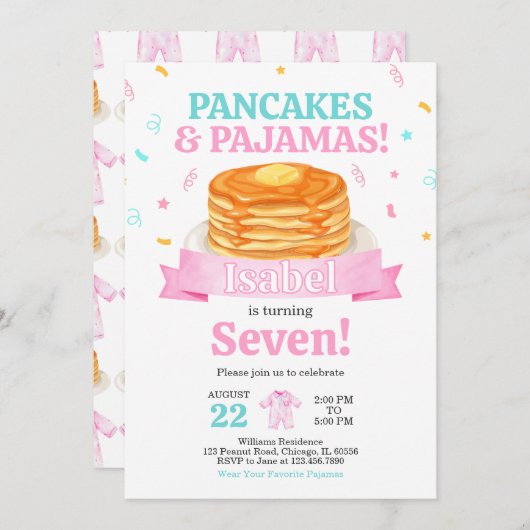 Roze pannenkoeken en pyjama verjaardag kaart (Voorkant / Achterkant)