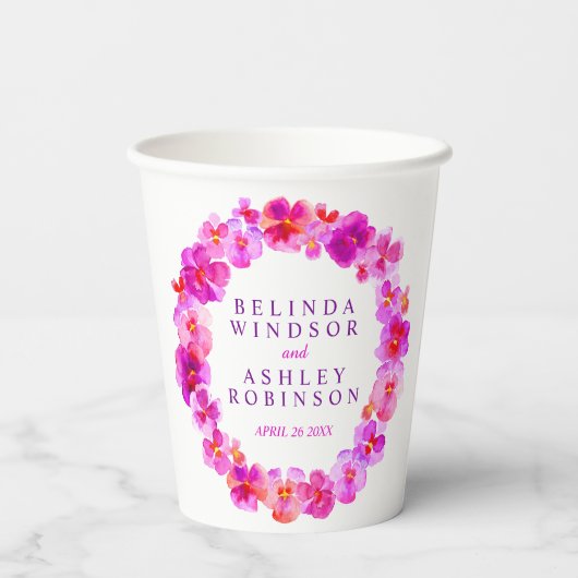 Roze pansiebloem met waterverf bruiloft papieren bekers (Achterkant)